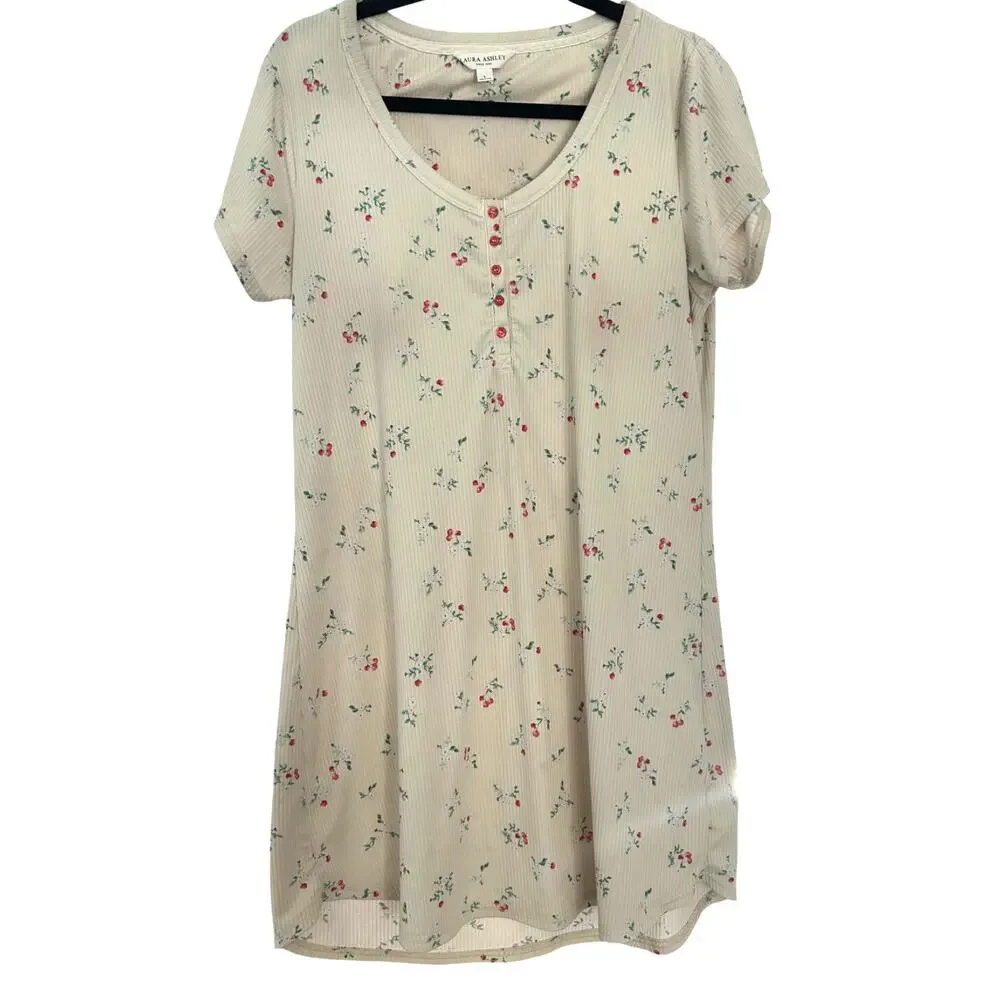 Laura Ashley Floral Ribbed Nightgown Cream Cherry Print Henley Sleep Shirt L